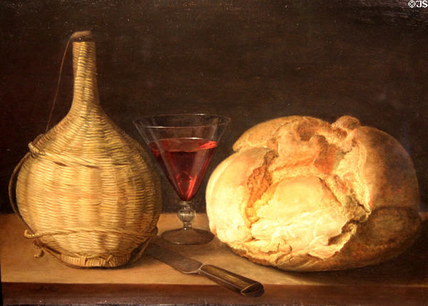 Still life with flask, goblet & bread painting (1630-35) by Sebastian Stoskopf at Museum of Bread and Art. Ulm, Germany.