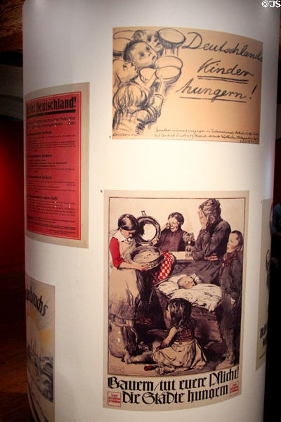 Posters (Depression era) depicting little children begging for food & family despairing at having no bread at Museum of Bread and Art. Ulm, Germany.