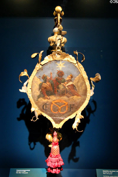 Three Kings & star of Bethlehem enamel (c1830) carried on pole in religious processional from Tirol at Museum of Bread and Art. Ulm, Germany.