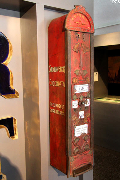 Chocolate candy vending machine (19thC) at Danube Schwabian Museum. Ulm, Germany.