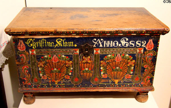 Hungarian painted wedding chest (1882) at Danube Schwabian Museum. Ulm, Germany.