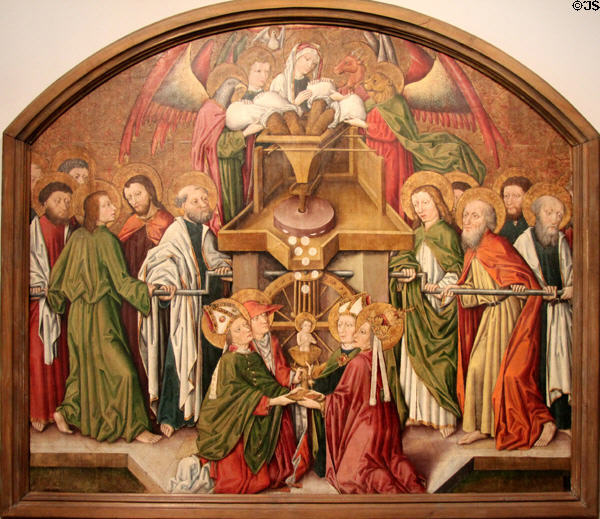 Machine to make Christian host being fed by symbols of Evangelists painting (c1470) by master of Hostienmühlen-Retabels of Ulm at Ulmer Museum. Ulm, Germany.