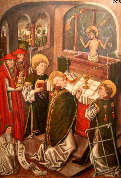 Mass of St Gregory painting (c1480) by master of Hostienmühlen-Retabels of Ulm at Ulmer Museum. Ulm, Germany.