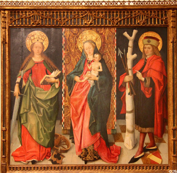 Virgin Mary with child between Sts Katherine with wheel & Sebastian with arrows painting (c1490-5) by unknown at Ulmer Museum. Ulm, Germany.