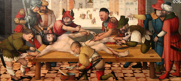 Martyrdom of St Bartholomew having skin removed painting (c1520) by Martin Schaffner at Ulmer Museum. Ulm, Germany.