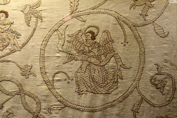 Angel symbol of Evangelist St Matthew embroidered (1554) at Ulmer Museum. Ulm, Germany.