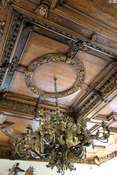 Carved coffered ceiling (16thC) with carved chandelier at Ulmer Museum. Ulm, Germany.