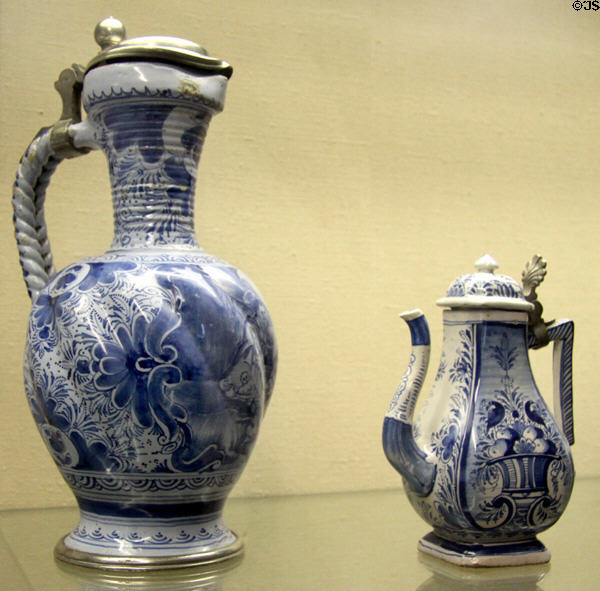 Ceramic narrow-necked pitcher with tin lid (18th) & coffee pot (c1725) both from Nuremberg at Ulmer Museum. Ulm, Germany.