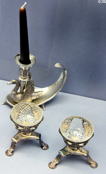 Silver candlestick (1831) by Johann Heinrich Busch from Augsburg & salt cellars at Ulmer Museum. Ulm, Germany.