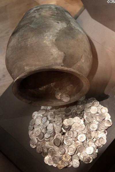 Hoard of coins in clay pot buried c1300 at Ulmer Museum. Ulm, Germany.