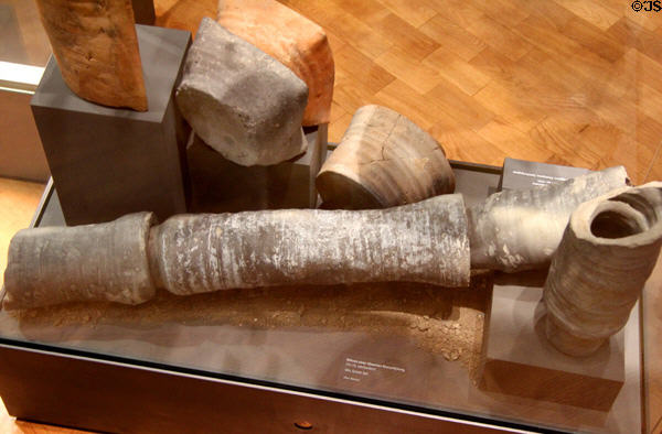 Clay water pipes (14th-15thC) with other local clay objects at Ulmer Museum. Ulm, Germany.