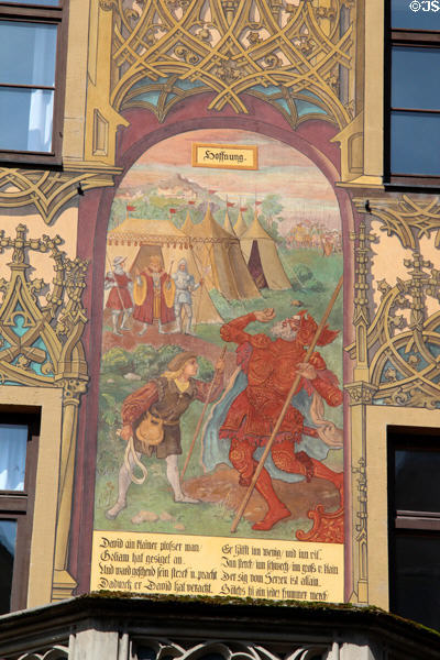 Hope scene of David slaying Golath on Ulm Rathaus. Ulm, Germany.