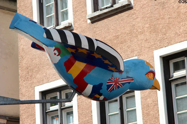 Ulm sparrow street art painted with flags of Europe called World Sparrow (Welt-Spatz). Ulm, Germany.