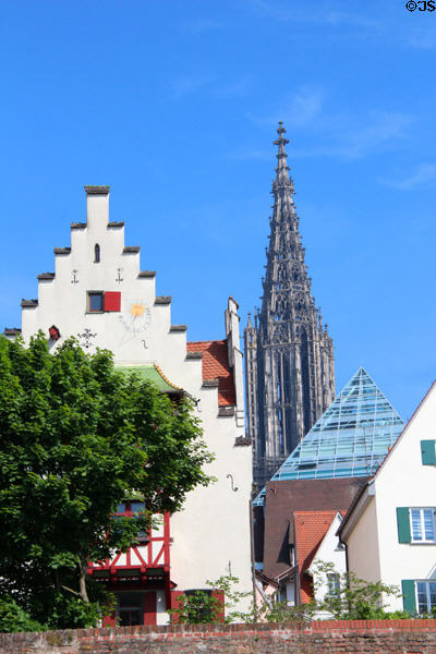 Ulm Münster & modern glass Public Library viewed from city wall. Ulm, Germany.