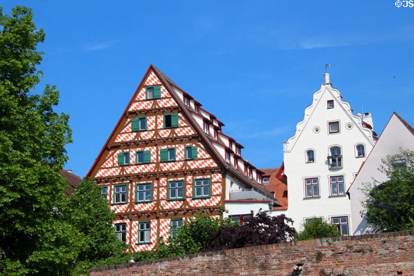 Details of step-gabled buildings above city wall. Ulm, Germany.