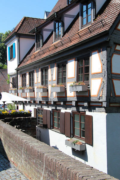 Homes overlooking Blau River. Ulm, Germany.