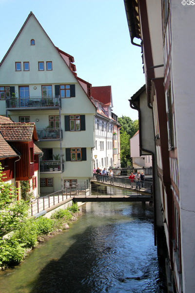 Walkways over Blau River in old town area. Ulm, Germany.