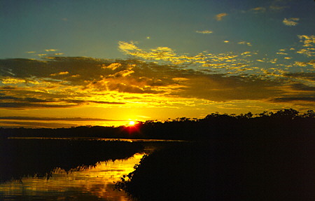 Sunrise in the Amazon over Limoncocha Lake. Ecuador.