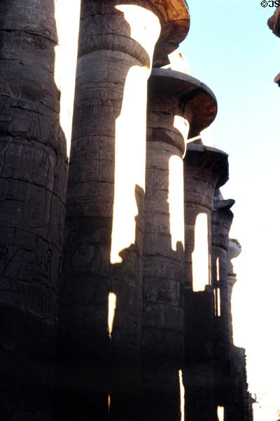 Carved columns of Great Hypostyle Hall at Temple of Karnak. Egypt.