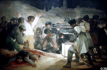 Painting of "Third of May 1808" execution of those who rose against French occupation "Fusilamientos en la Montaña del Principe Pio" (1814) by Francisco de Goya y Lucientes in Prado Museum. Madrid, Spain.