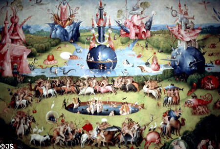 Garden of Delights fantasy painting (c1500-10) by Hieronymus Bosch in Prado Museum. Madrid, Spain.
