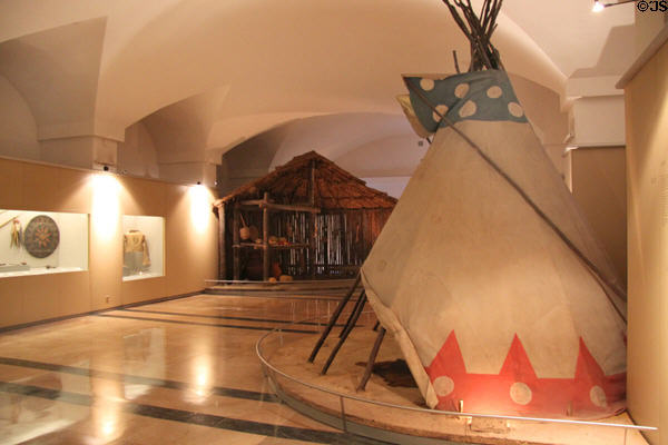 Gallery with tepee & habitation display at Museum of America. Madrid, Spain.