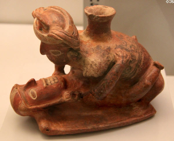 Recuay culture ceramic figure with couple (400 BCE -300 CE) from Peru at Museum of America. Madrid, Spain.