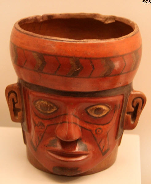 Wari culture ceramic portrait head with facial tattoos (600-1000 CE) from Peru at Museum of America. Madrid, Spain.