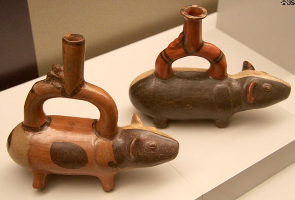 Chancay culture ceramic stirrup-spout bottles in form of Guinea Pigs (an upscale food source) (1100-1400) from Peru at Museum of America. Madrid, Spain.