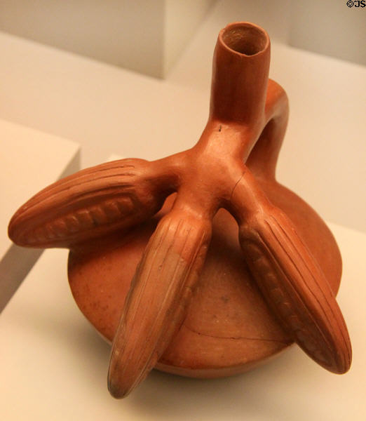 Chimu culture ceramic stirrup-spout bottle with pacae Andean fruit (1100-1400) from Peru at Museum of America. Madrid, Spain.