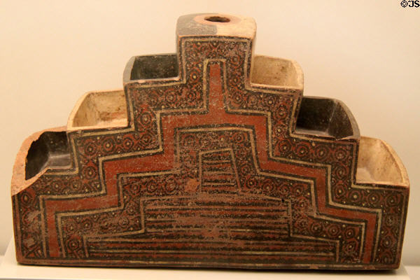 Chimu culture ceramic vessel in form of stepped temple (1100-1400) from Peru at Museum of America. Madrid, Spain.