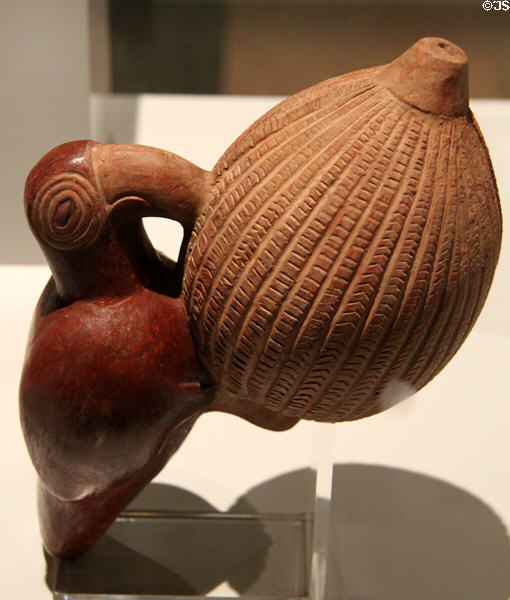 Chimu culture ceramic bottle with parrot eating fruit (1400-1533) from Peru at Museum of America. Madrid, Spain.
