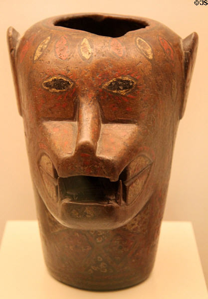 Inca polychromed wood beaker with human face (1400-1533) from Cuzco, Peru at Museum of America. Madrid, Spain.