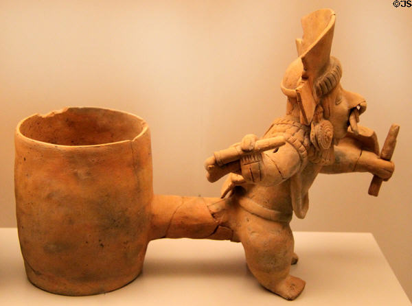 Jama-Coaque culture ceramic vessel with warrior figure (500 BCE - 500 CE) from Ecuador at Museum of America. Madrid, Spain.