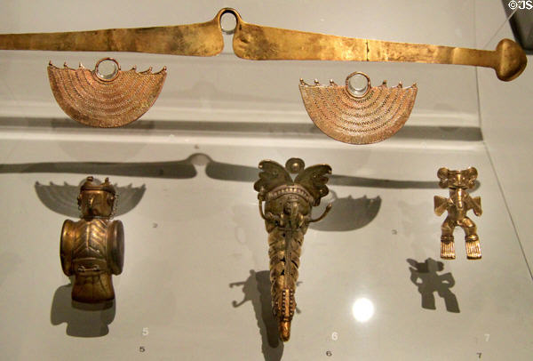 Various gold objects by several native cultures (800-1500 CE) from Colombia at Museum of America. Madrid, Spain.