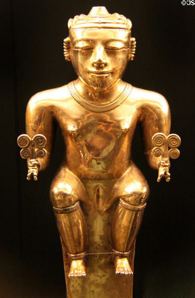 Quimbaya culture gold female figure (200-1000 CE) from Colombia at Museum of America. Madrid, Spain.