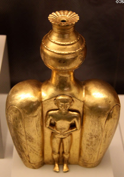 Quimbaya culture gold funerary urn (250-430 CE) from Colombia at Museum of America. Madrid, Spain.