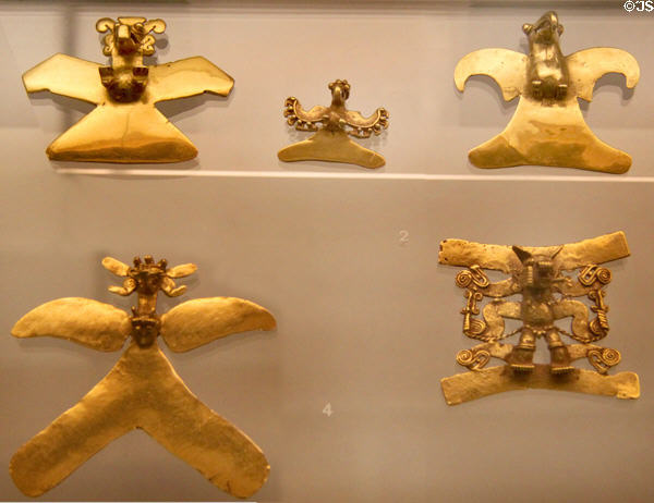 Gold pendants (1000-1500) in form of animals & humans from Diquis, Costa Rica at Museum of America. Madrid, Spain.