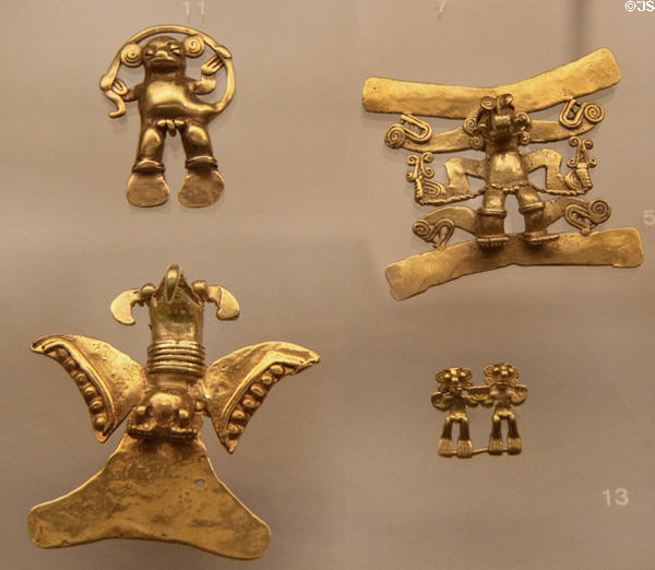 Gold pendants (1000-1500) in form of animals & humans from Diquis, Costa Rica at Museum of America. Madrid, Spain.