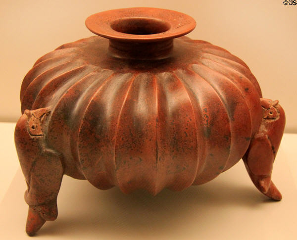 Colima culture ceramic vessel with pumpkin shape & tripod legs in parrot shape (100-700 CE) from Western Mexico at Museum of America. Madrid, Spain.