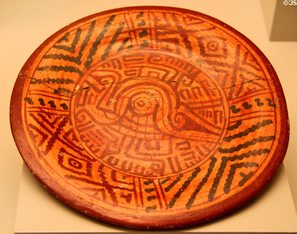 Mixteca-Puebla culture ceramic plate with symbolic & geometric decoration (1350-1500 CE) from Mexico at Museum of America. Madrid, Spain.