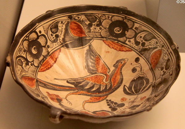 Spanish-rule era Ceramic bowl painted with bird (17thC) from Guadalajara, Mexico at Museum of America. Madrid, Spain.