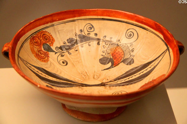 Spanish-rule era Ceramic bowl painted with bird (17thC) from Guadalajara, Mexico at Museum of America. Madrid, Spain.