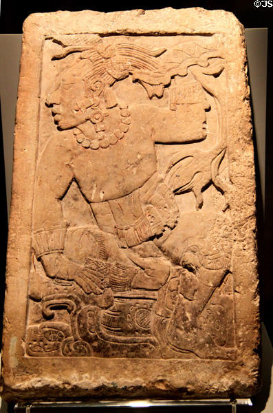 Mayan stone stele carved with warrior (600-900 CE) from Palenque, Mexico at Museum of America. Madrid, Spain.