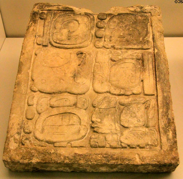 Mayan stone carved with glyphs (600-900 CE) from Palenque, Mexico at Museum of America. Madrid, Spain.