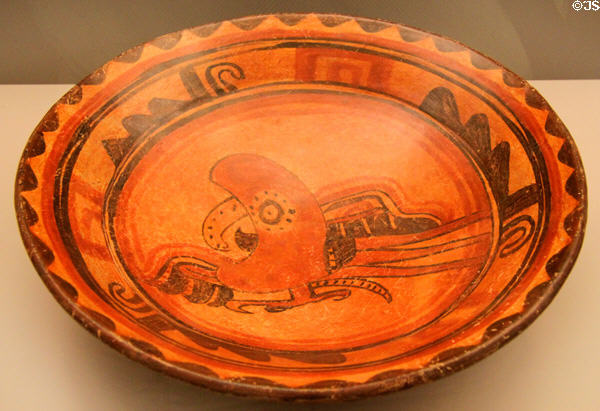 Mayan ceramic plate with bird (600-900 CE) from Mesoamerica at Museum of America. Madrid, Spain.