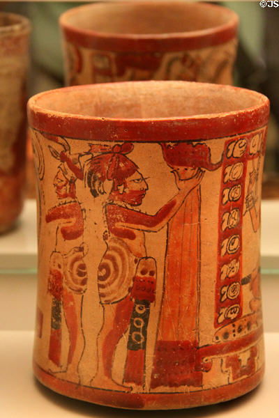 Mayan ceramic beaker with figures & glyphs (600-900 CE) from Mesoamerica at Museum of America. Madrid, Spain.