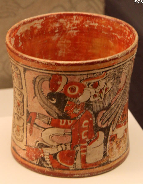 Mayan ceramic beaker with sitting figures & glyphs (600-900 CE) from Mesoamerica at Museum of America. Madrid, Spain.