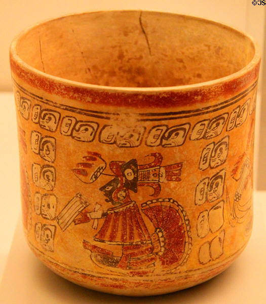 Mayan ceramic beaker with sitting figures & glyphs (600-900 CE) from Mesoamerica at Museum of America. Madrid, Spain.