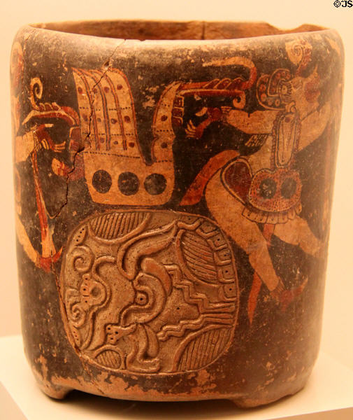 Mayan ceramic beaker with figures & engraved seal (600-900 CE) from Mesoamerica at Museum of America. Madrid, Spain.